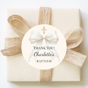 Baptism bow cream white pearls cross thank you classic round sticker