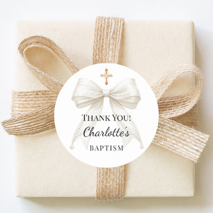 Baptism bow ivory pearls cross thank you classic round sticker