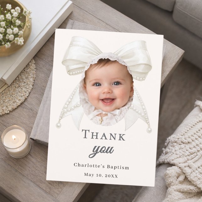 Baptism bow ivory pearls white photo girl thank you card (Creator Uploaded)