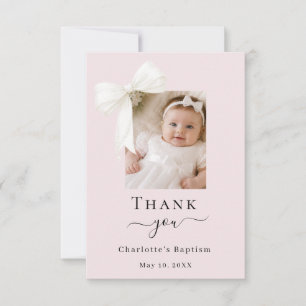 Baptism bow photo blush pink girl thank you card