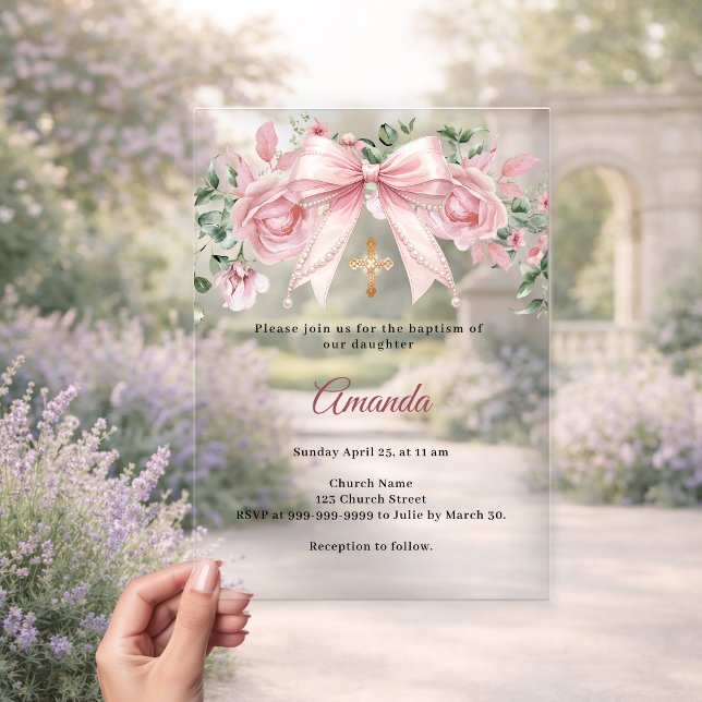 Baptism Bow Pink Florals Girl Cross Premium Acrylic Invitations (Creator Uploaded)