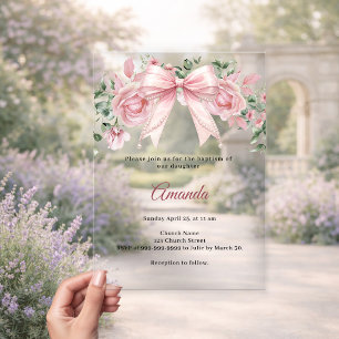Baptism Bow Pink Florals Girl Elegant premium Acrylic Invitations