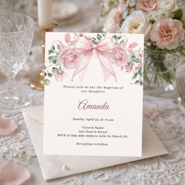 Baptism Bow Pink Ivory Florals Girl invitation (Creator Uploaded)