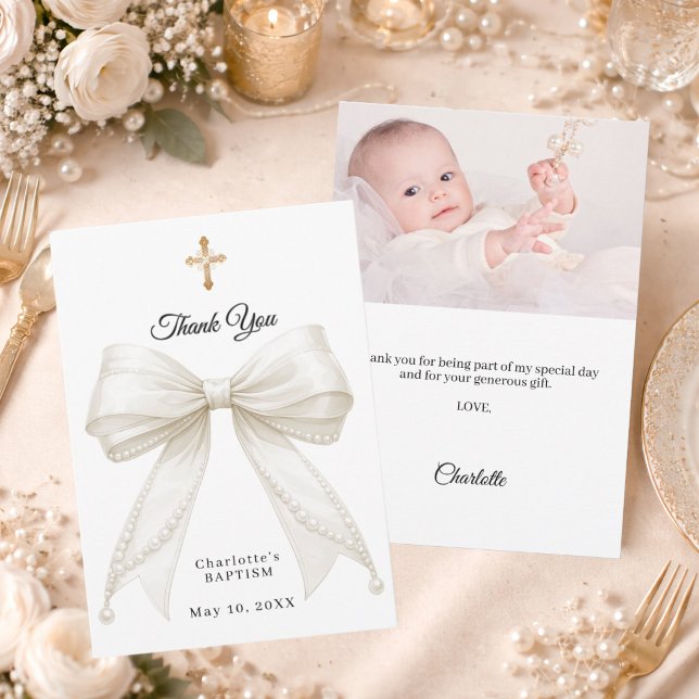 Baptism bow white ivory pearls photo thank you card (Creator Uploaded)