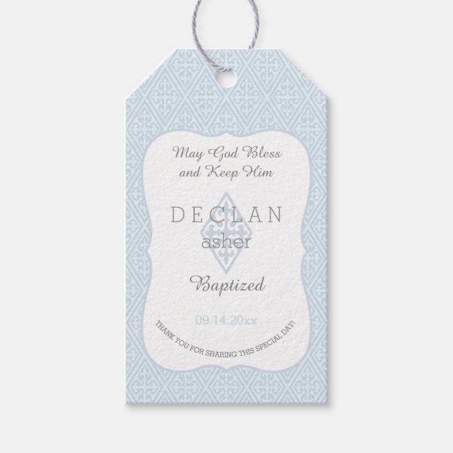 Baptism | Boy Blue Fleur de Lis Vintage Cross Gift Tags (Front)