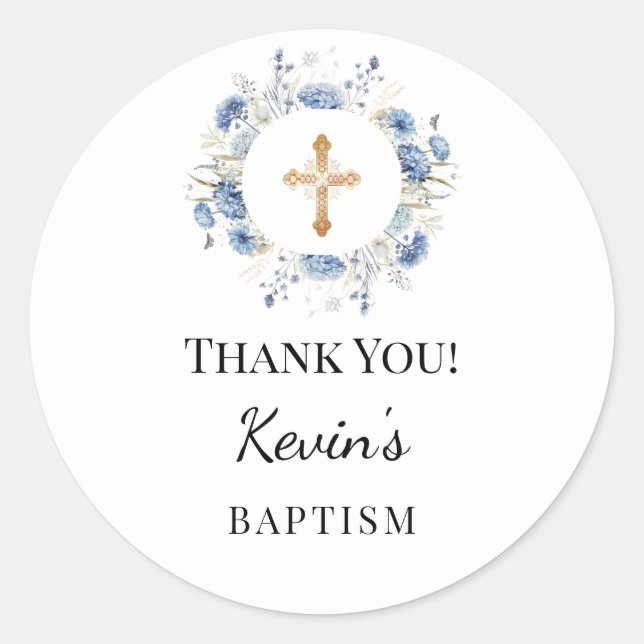 Baptism boy blue florals wreath cross thank you classic round sticker (Front)