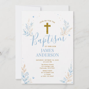 Baptism Boy Blue Gold Cross Floral Christening  Invitation
