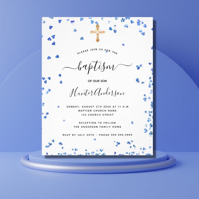 Baptism boy blue hearts budget invitation flyer (Creator Uploaded)