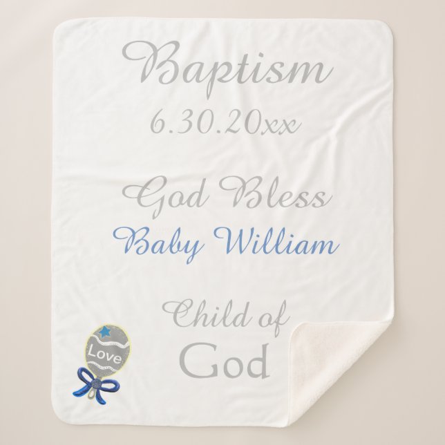 Baptism Boy Blue Star Rattle Medium Sherpa Blanket (Front)