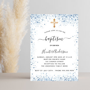 Baptism boy blue white gold cross luxury invitation