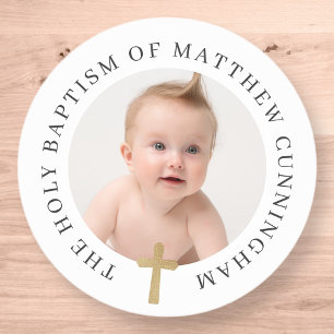 Baptism Boy   Custom Photo and Simple Gold Cross Classic Round Sticker