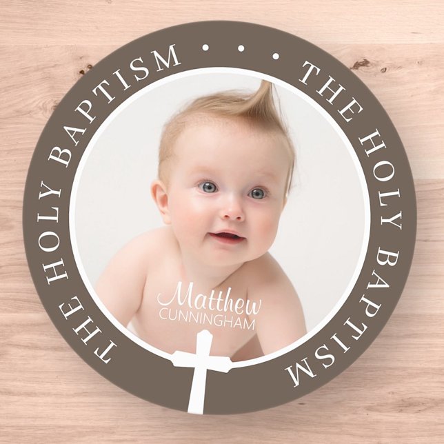 Baptism Boy | Custom Photo and Simple White Cross Classic Round Sticker (Creator Uploaded)