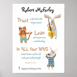 Baptism Boy Cute Musical Animals With Bible Verse  Poster
