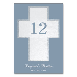 Baptism Boy Dusty Blue White Cross Faux Silver Table Number