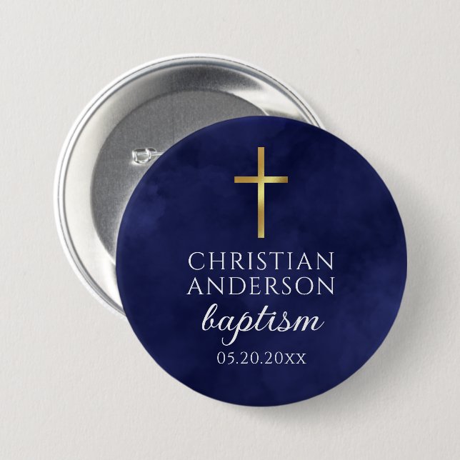 Baptism Boy Elegant Royal Blue 7.5 Cm Round Badge (Front & Back)