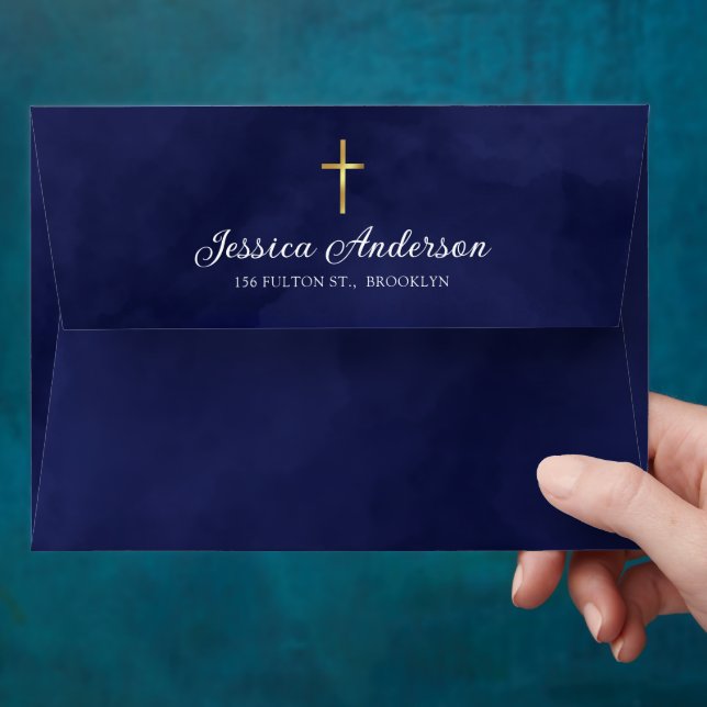 Baptism Boy Elegant Royal Blue Watercolor Envelope (Hand)