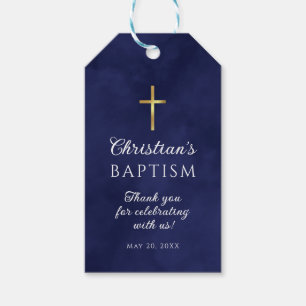 Baptism Boy Elegant Royal Blue Watercolor Gift Tags