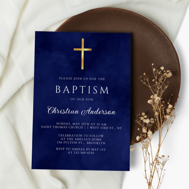 Baptism Boy Elegant Royal Blue Watercolor Invitation (Creator Uploaded)