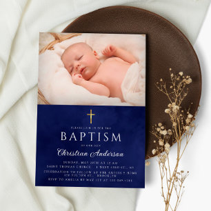 Baptism Boy Elegant Royal Blue Watercolor Invitation