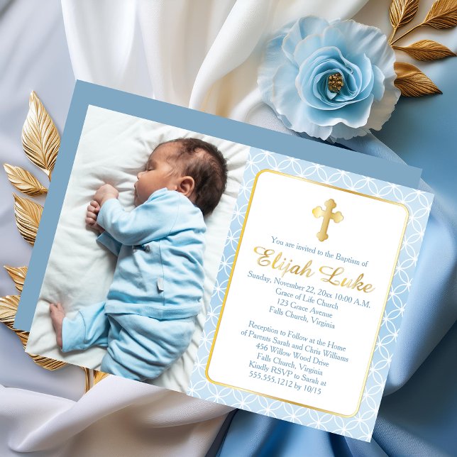 Baptism | Boy Eternity Rings Crosses Photo (Elegant Baptism Boy Eternity Rings and Cross Photo Gold Foil Invitation)