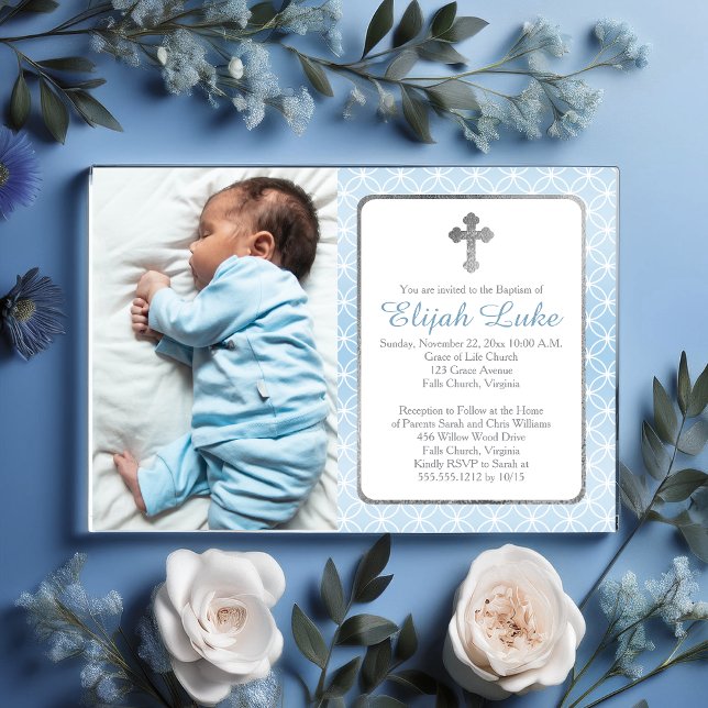 Baptism | Boy Eternity Rings Crosses Photo Acrylic Invitations (Elegant Baptism Boy Eternity Rings and Cross Photo Acrylic Invitation)