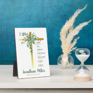 Baptism Boy Eucalyptus Leaves On Crucifix Plaque