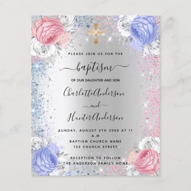 Baptism boy girl blue pink silver invitation flyer (Front)