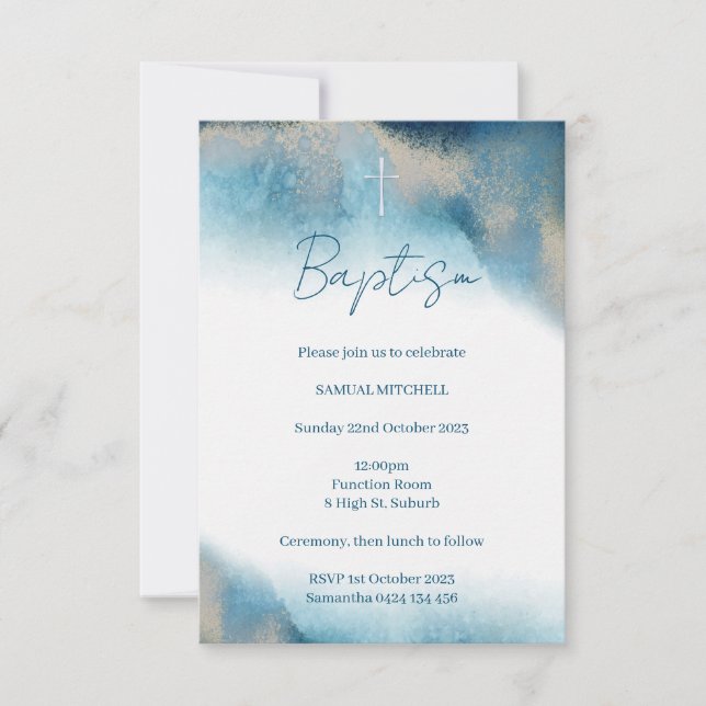 Baptism Boy Invitation. Blue and Gold Watercolour Invitation (Front)