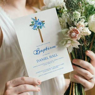 Baptism Boy Modern Rose Dusty Blue  Invitation