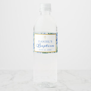 Baptism Boy Modern Rose Dusty Blue Watercolor Water Bottle Label