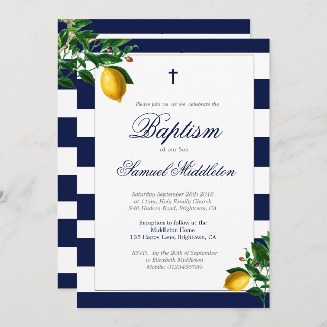 Baptism Boy Navy Stripes Lemons Silver Religious Invitation (Front/Back)