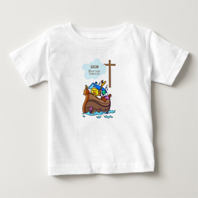 Baptism Boy Noah's Ark, Cute Animals Personalised Baby T-Shirt (Front)