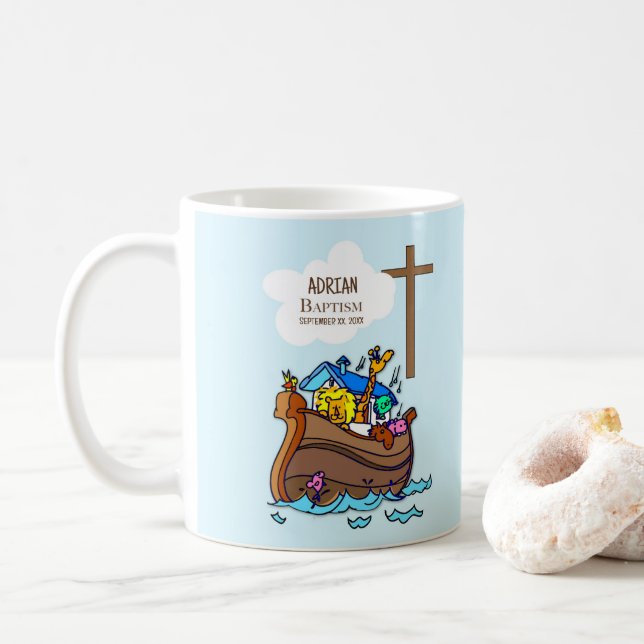 Baptism Boy Noah's Ark, Cute Animals Personalised Coffee Mug (With Donut)