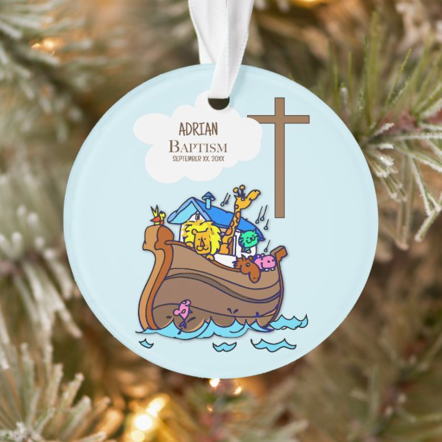 Baptism Boy Noah's Ark, Cute Animals Personalised Ornament (Tree)