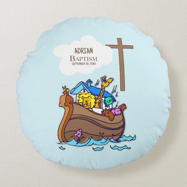 Baptism Boy Noah's Ark, Cute Animals Personalised Round Cushion (Front)