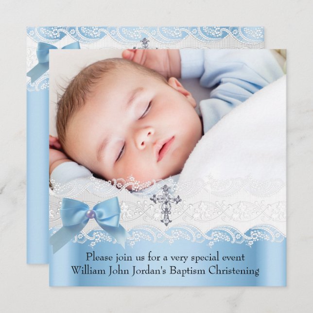 Baptism Boy Photo Blue White Lace Jewel Cross 2 Invitation (Front/Back)