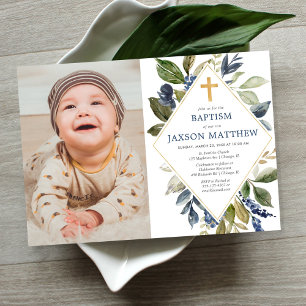 Baptism boy photo, greenery blue green foliage invitation