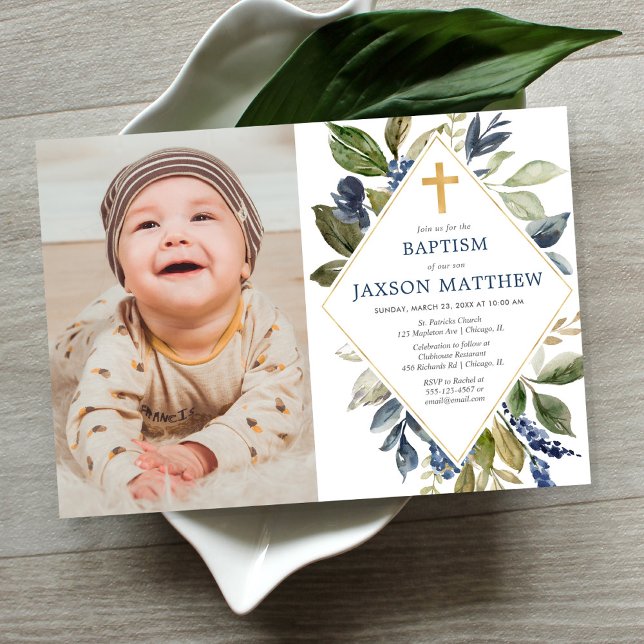 Baptism boy photo, greenery blue green foliage invitation (Creator Uploaded)