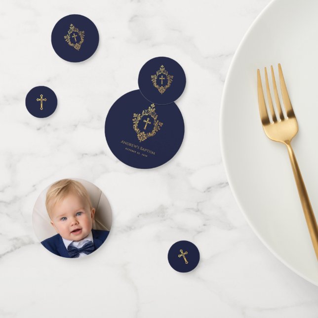 Baptism Boy Photo Navy Blue Faux Gold Cross Crest Confetti (Group)
