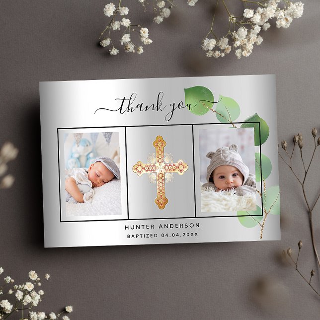 Baptism boy photo silver eucalyptus thank you card (Creator Uploaded)