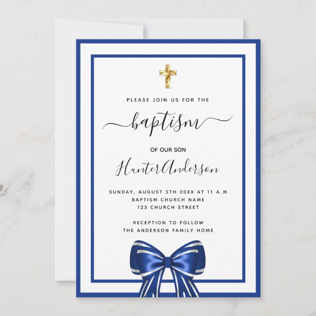Baptism boy royal blue white bow script invitation (Front)