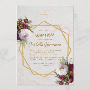 Baptism Burgundy Peonies Marble Gold Geometric Invitation