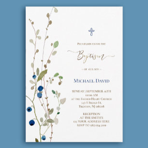 Baptism bush bilberry watercolor foliage invitation