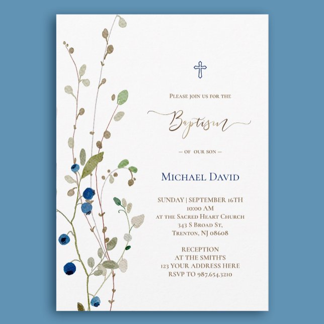 Baptism bush bilberry watercolor foliage invitation (Creator Uploaded)