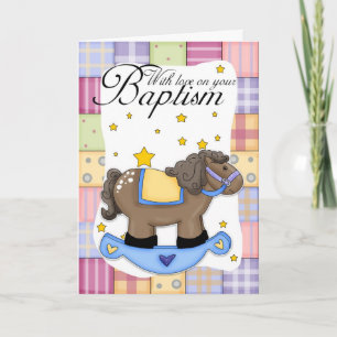 Baptism Card With Rocking Horse Blue