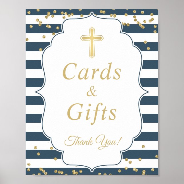 Baptism Cards & Gifts Navy Blue Gold Glitter Sign (Front)