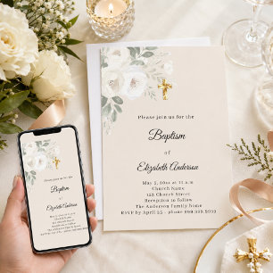 Baptism champagne florals girl cross invitation