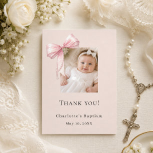Baptism champagne pink bow photo girl thank you card
