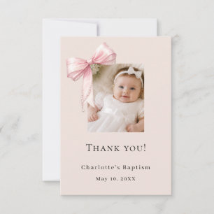 Baptism champagne pink bow photo girl thank you card