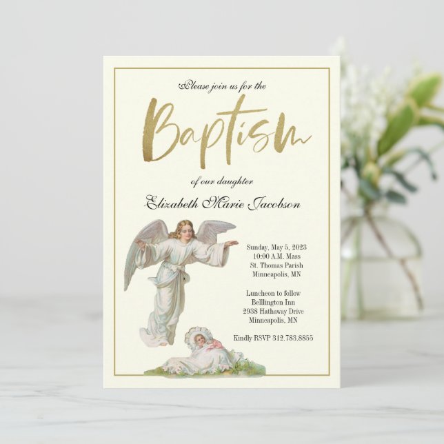 Baptism Christening Angel with Baby Girl Invitation (Standing Front)